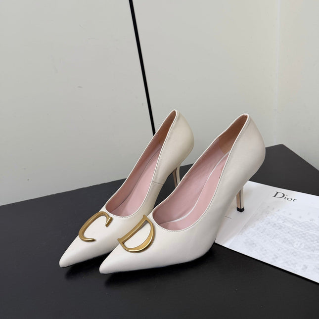 DIOR 26S POINTED-TOE HIGH HEELS 70MM IN CREAM WHITE CALFSKIN GOLD HARDWARE