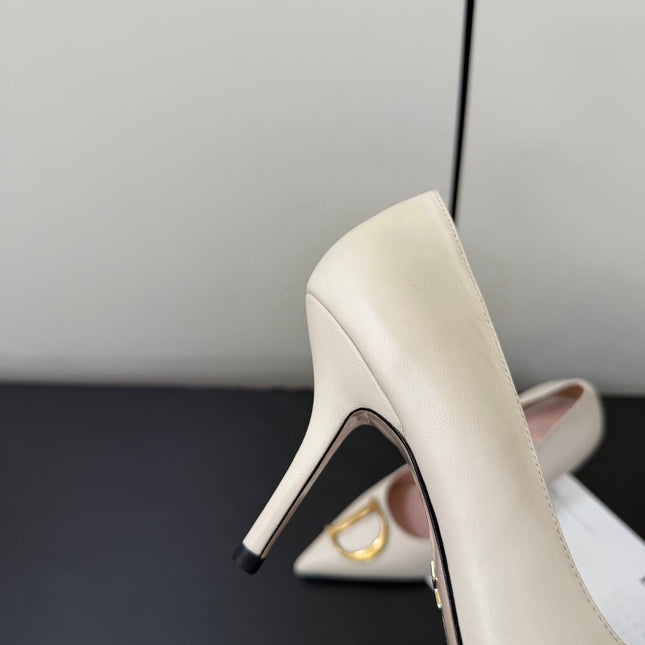 DIOR 26S POINTED-TOE HIGH HEELS 70MM IN CREAM WHITE CALFSKIN GOLD HARDWARE