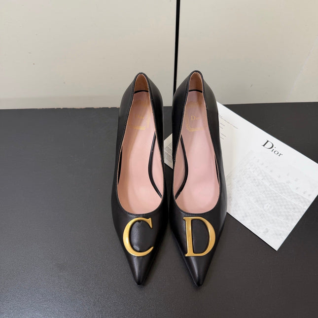 DIOR 26S POINTED-TOE HIGH HEELS 70MM IN BLACK CALFSKIN GOLD HARDWARE