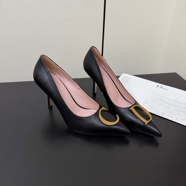 DIOR 26S POINTED-TOE HIGH HEELS 70MM IN BLACK CALFSKIN GOLD HARDWARE