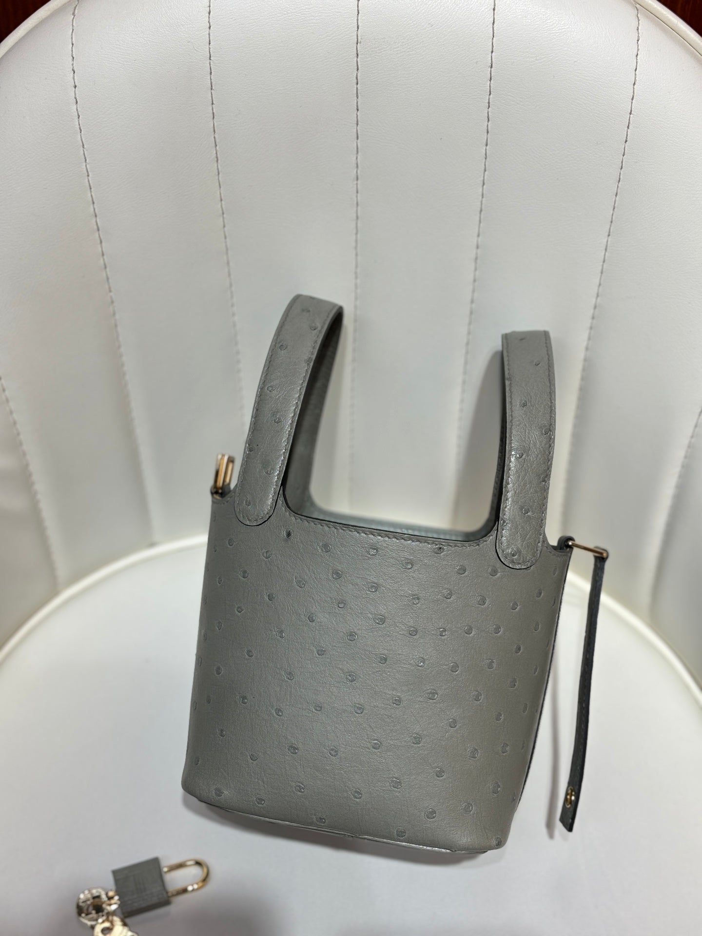 HM 25S PICOTIN LOCK 14 CM IN GREY OSTRICH WITH GOLD HARDWARE