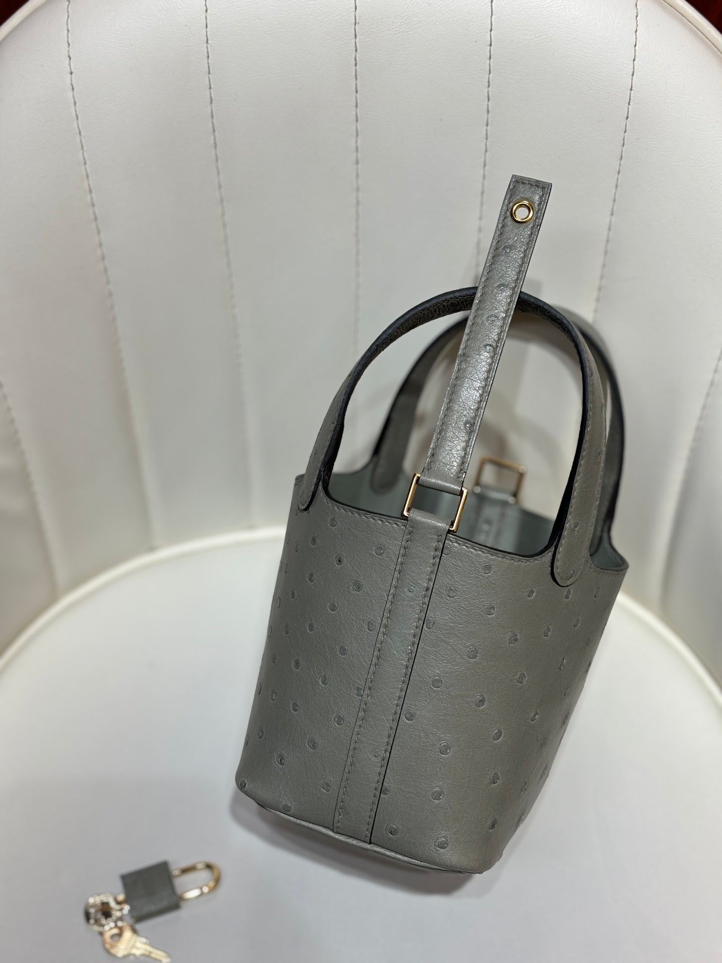 HM 25S PICOTIN LOCK 14 CM IN GREY OSTRICH WITH GOLD HARDWARE