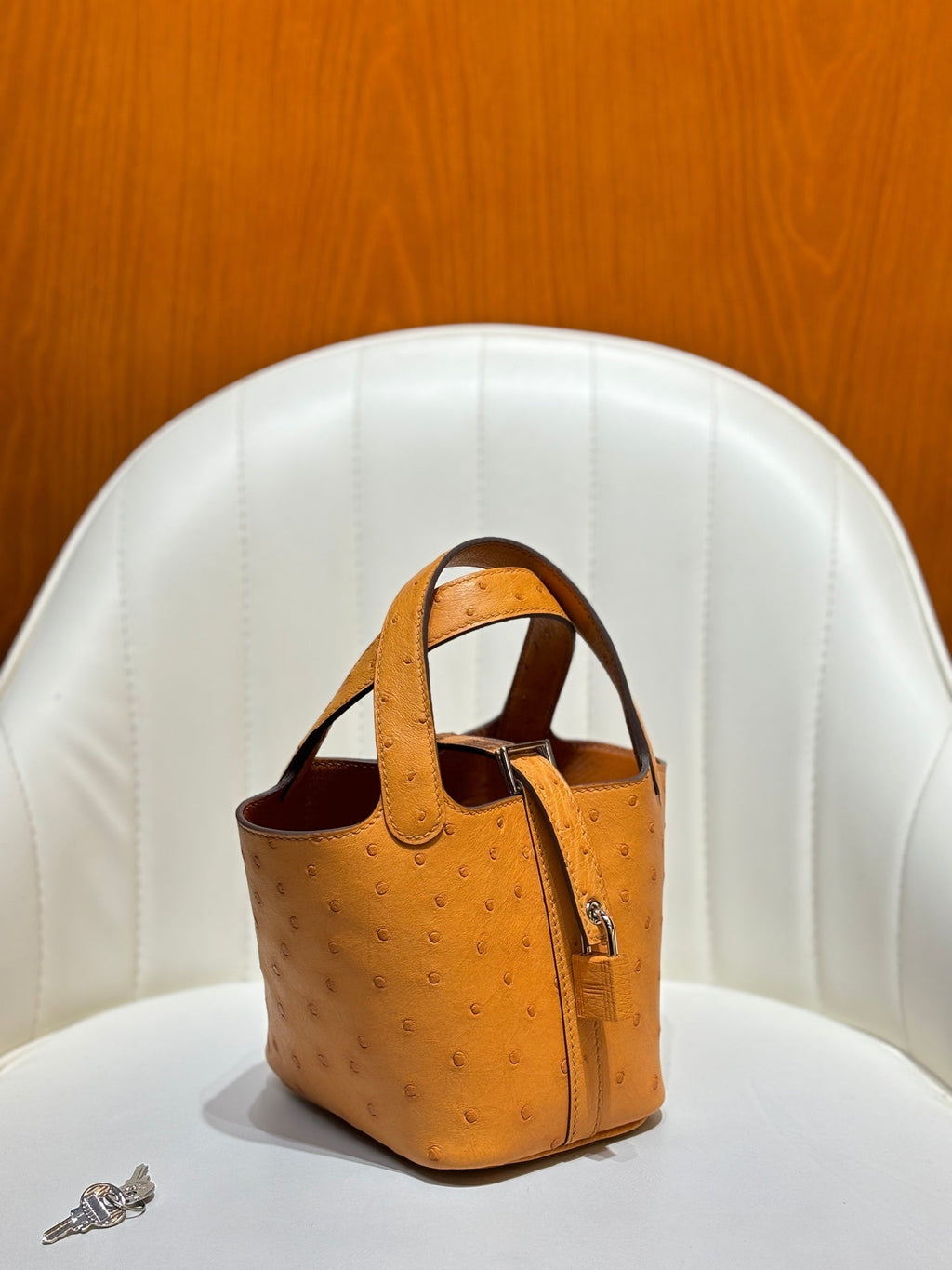 HM 25S PICOTIN LOCK 14 CM IN BURNT ORANGE OSTRICH WITH SILVER HARDWARE