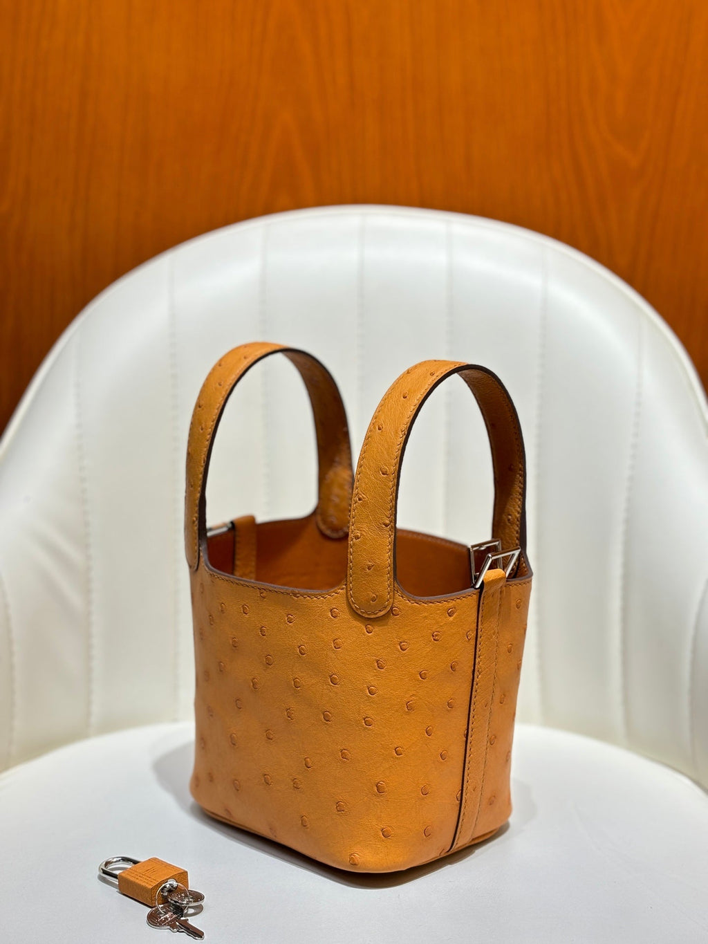 HM 25S PICOTIN LOCK 14 CM IN BURNT ORANGE OSTRICH WITH SILVER HARDWARE