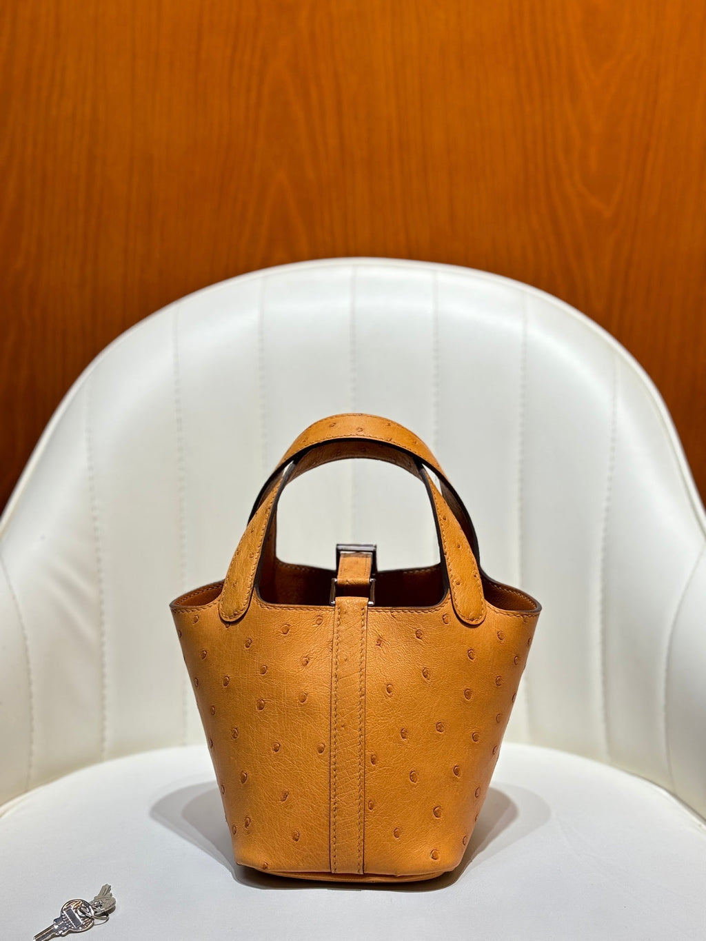 HM 25S PICOTIN LOCK 14 CM IN BURNT ORANGE OSTRICH WITH SILVER HARDWARE