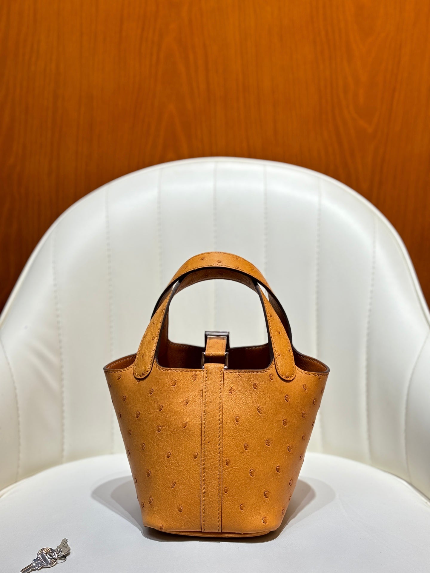 HM 25S PICOTIN LOCK 14 CM IN BURNT ORANGE OSTRICH WITH SILVER HARDWARE