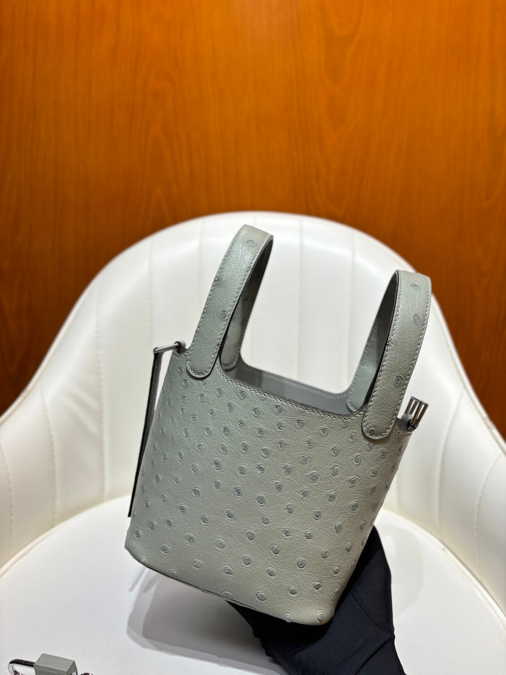 HM 25S PICOTIN LOCK 14 CM IN GREY OSTRICH WITH SILVER HARDWARE