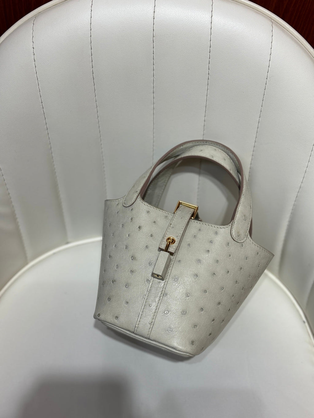 HM 25S PICOTIN LOCK 14 CM IN LIGHT GREY OSTRICH WITH GOLD HARDWARE