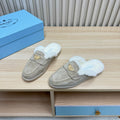 TRIANGLE LOGO FLATS IN KHAKI BEIGE SUEDE AND FUR LINING