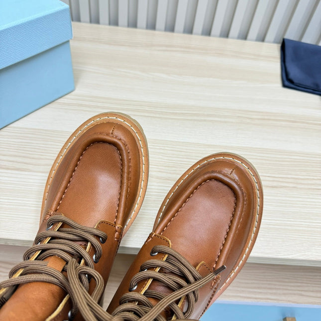 PRADA 25S LACE-UP ANKLE BOOTS IN BROWN CALFSKIN