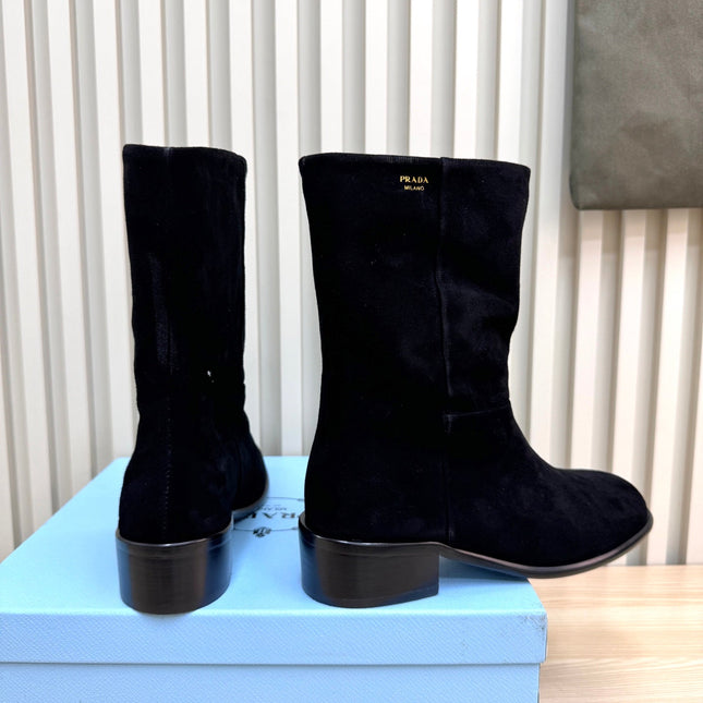 PRADA 25S LOW-CUT BOOTS IN BLACK SUEDE