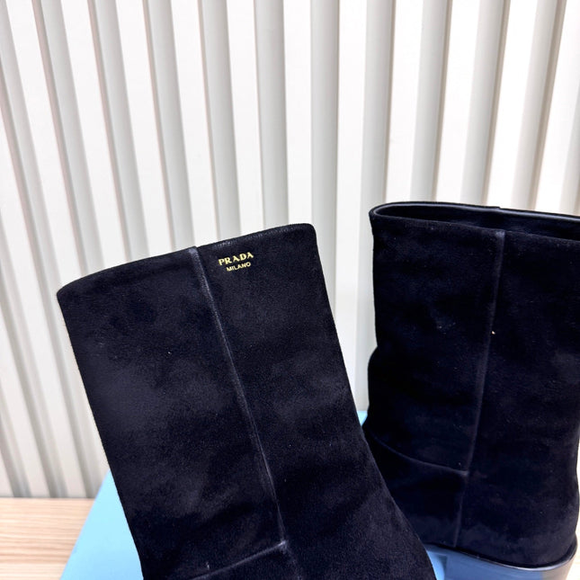 PRADA 25S LOW-CUT BOOTS IN BLACK SUEDE