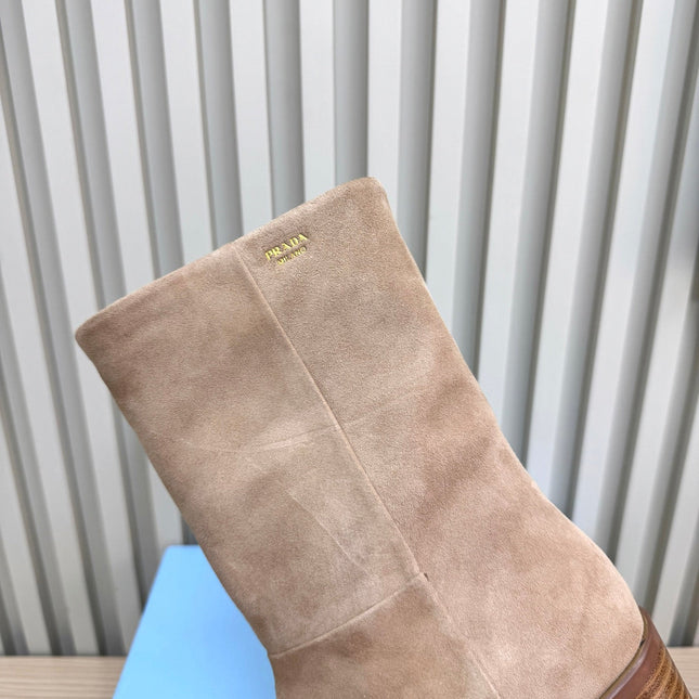 PRADA 25S LOW-CUT BOOTS IN LIGHT CARAMEL BROWN SUEDE