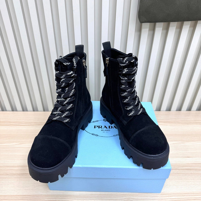PRADA 25S MONOLITH BOOTS IN BLACK SUEDE
