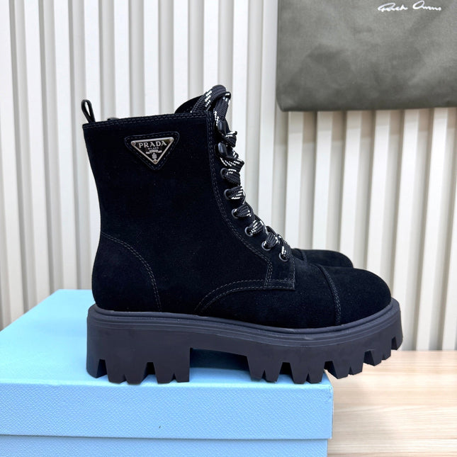 PRADA 25S MONOLITH BOOTS IN BLACK SUEDE