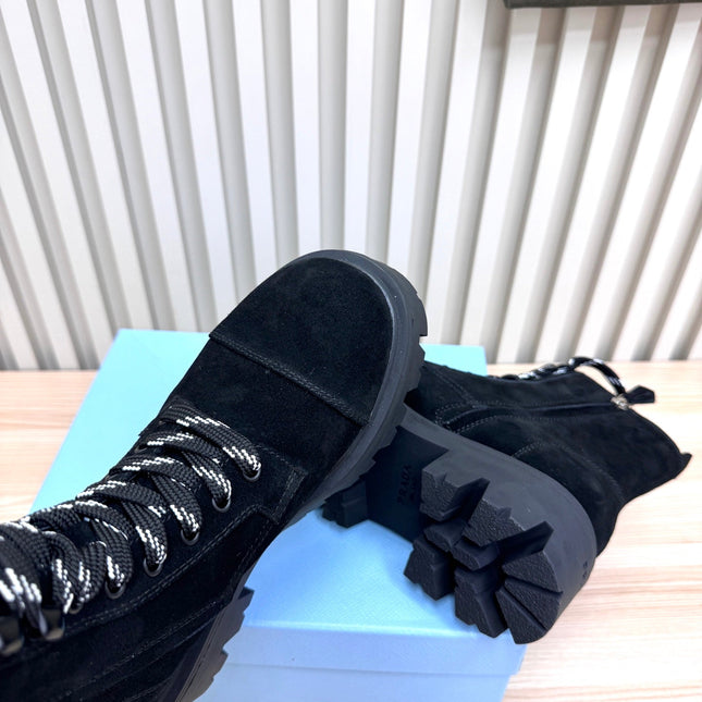 PRADA 25S MONOLITH BOOTS IN BLACK SUEDE