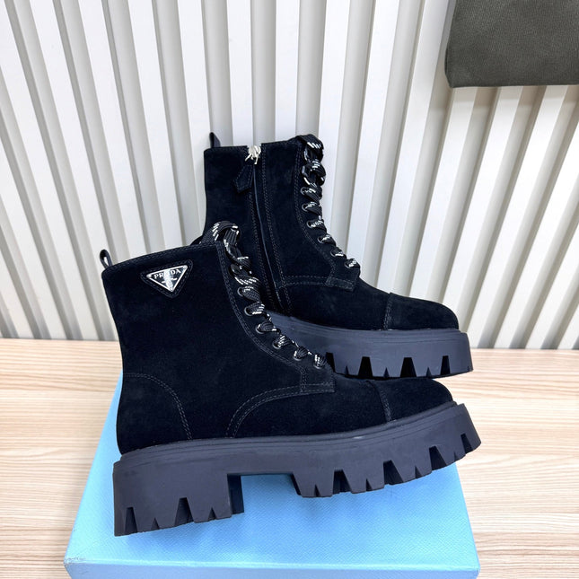 PRADA 25S MONOLITH BOOTS IN BLACK SUEDE