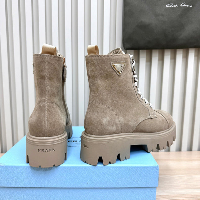 PRADA 25S MONOLITH BOOTS IN MUTED KHAKI BROWN SUEDE