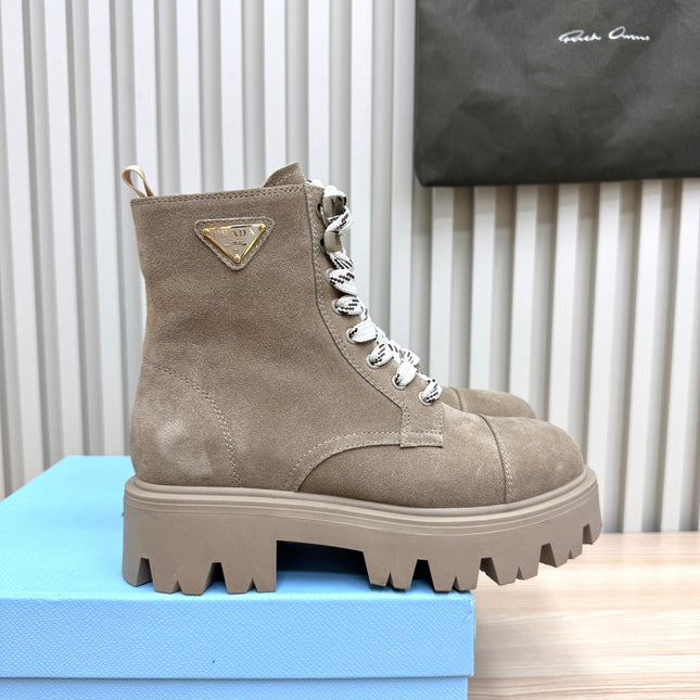 PRADA 25S MONOLITH BOOTS IN MUTED KHAKI BROWN SUEDE