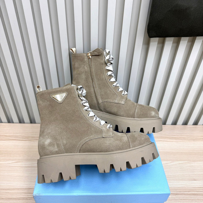 PRADA 25S MONOLITH BOOTS IN MUTED KHAKI BROWN SUEDE