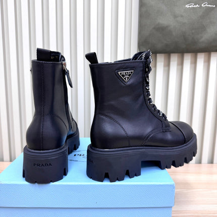 PRADA 25S MONOLITH BOOTS IN BLACK CALFSKIN