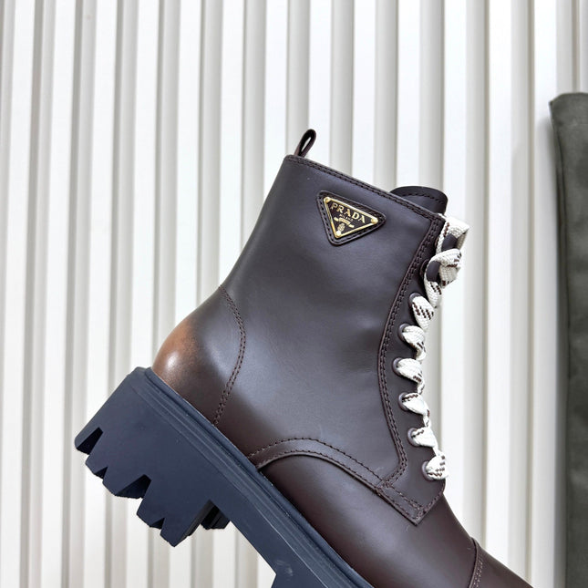 PRADA 25S MONOLITH BOOTS IN DARK BROWN CALFSKIN