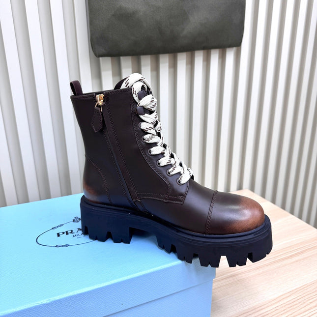 PRADA 25S MONOLITH BOOTS IN DARK BROWN CALFSKIN