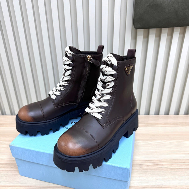 PRADA 25S MONOLITH BOOTS IN DARK BROWN CALFSKIN