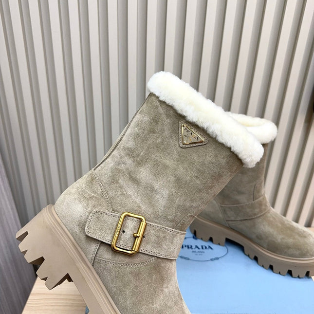 PRADA 25S MARTIN BOOTS IN BEIGE GRAY SUEDE FUR-LINED