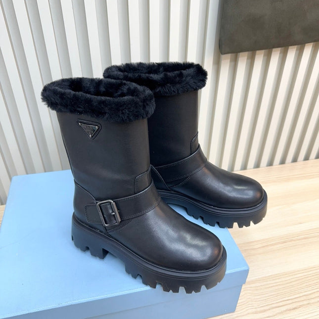 PRADA 25S MARTIN BOOTS IN BLACK CALFSKIN FUR-LINED