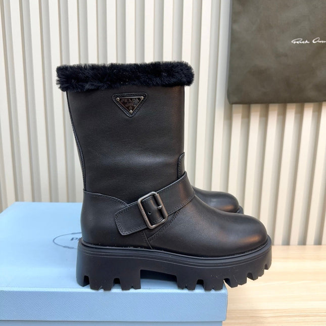 PRADA 25S MARTIN BOOTS IN BLACK CALFSKIN FUR-LINED