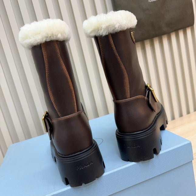PRADA 25S MARTIN BOOTS IN DARK BROWN CALFSKIN FUR-LINED