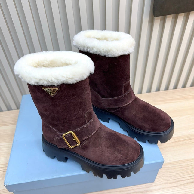 PRADA 25S MARTIN BOOTS IN DARK BURGUNDY BROWN SUEDE FUR-LINED