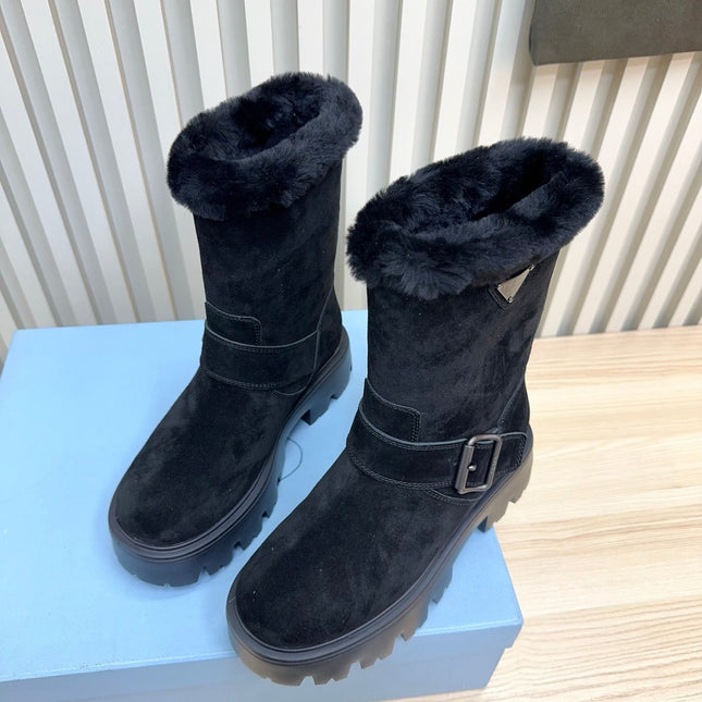 PRADA 25S MARTIN BOOTS IN DARK NAVY BLUE SUEDE FUR-LINED