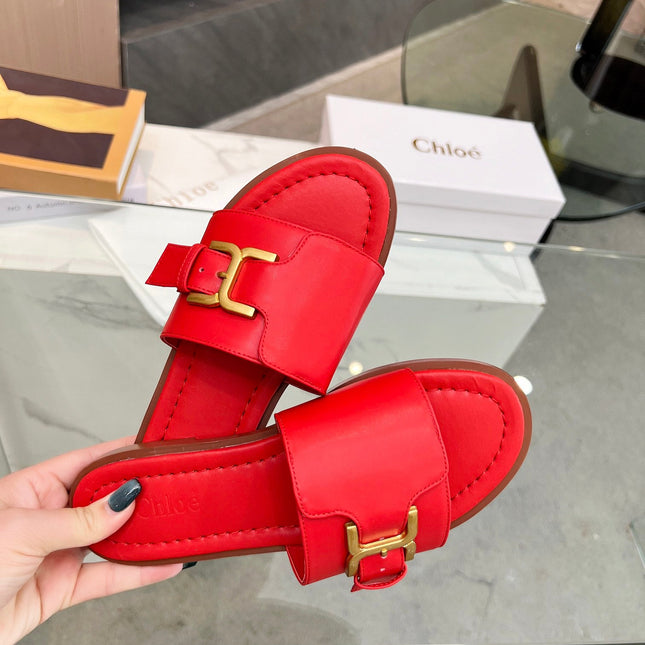 HLOE MARCIE SLIDE IN CHERRY RED CALFSKIN WITH GOLD HARDWARE
