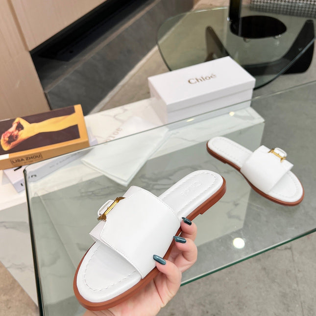 HLOE MARCIE SLIDE IN WHITE CALFSKIN WITH GOLD HARDWARE