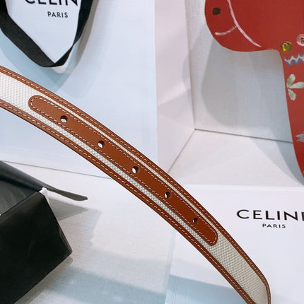 CELINE 26S BELT 25 MM IN WHITE CANVAS AND BROWN CALFSKIN 631593