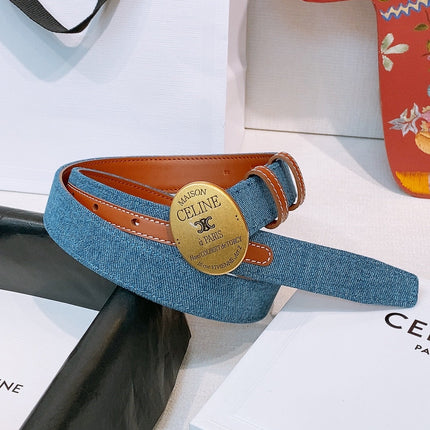 CELINE 26S BELT 25 MM IN BLUE DENIM AND BROWN CALFSKIN 631595