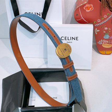 CELINE 26S BELT 25 MM IN BLUE DENIM AND BROWN CALFSKIN 631595