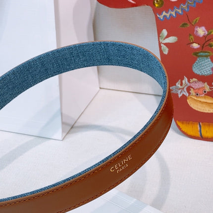 CELINE 26S BELT 25 MM IN BLUE DENIM AND BROWN CALFSKIN 631595