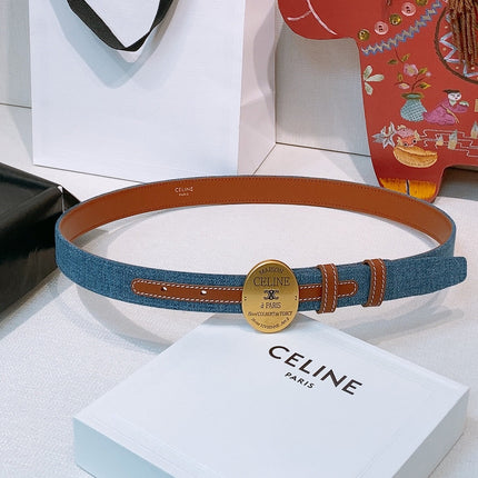 CELINE 26S BELT 25 MM IN BLUE DENIM AND BROWN CALFSKIN 631595