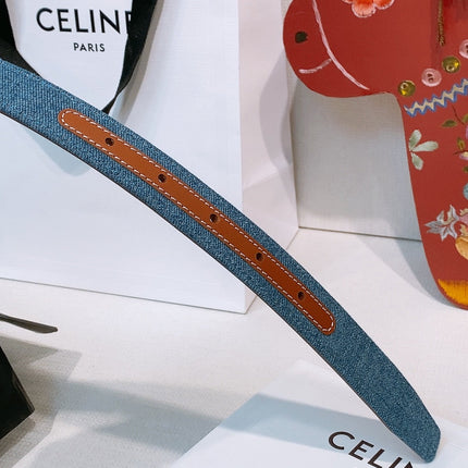 CELINE 26S BELT 25 MM IN BLUE DENIM AND BROWN CALFSKIN 631595