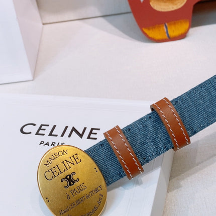 CELINE 26S BELT 25 MM IN BLUE DENIM AND BROWN CALFSKIN 631595