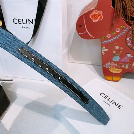 CELINE 26S BELT 25 MM IN BLUE DENIM AND BLACK CALFSKIN 631596