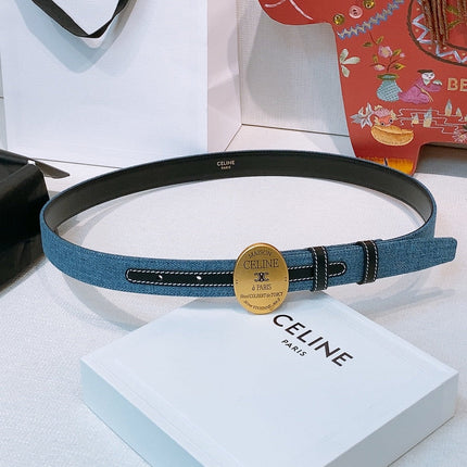 CELINE 26S BELT 25 MM IN BLUE DENIM AND BLACK CALFSKIN 631596