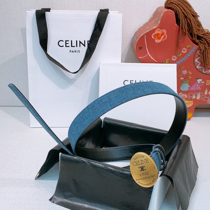 CELINE 26S BELT 25 MM IN BLUE DENIM AND BLACK CALFSKIN 631596