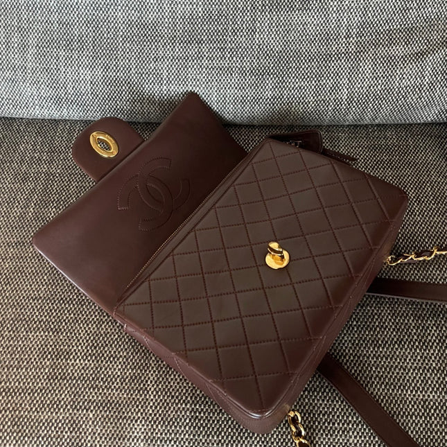 CHANEL 26S QUILTED FLAP BACKPACK 28 IN BURGUNDY RED LAMBSKIN GOLD HARDWARE