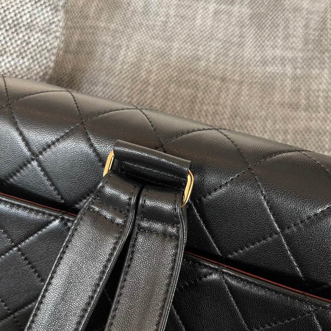 CHANEL 26S QUILTED FLAP BACKPACK 28 IN BLACK LAMBSKIN GOLD HARDWARE