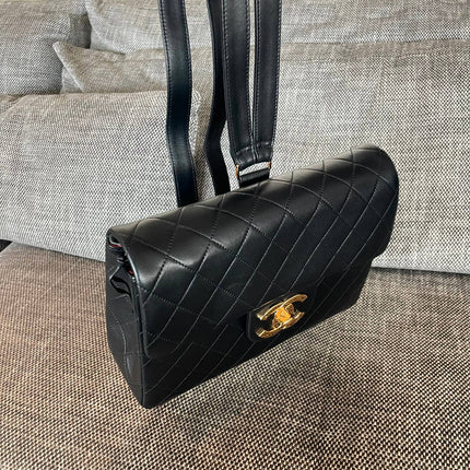 CHANEL 26S QUILTED FLAP BACKPACK 28 IN BLACK LAMBSKIN GOLD HARDWARE