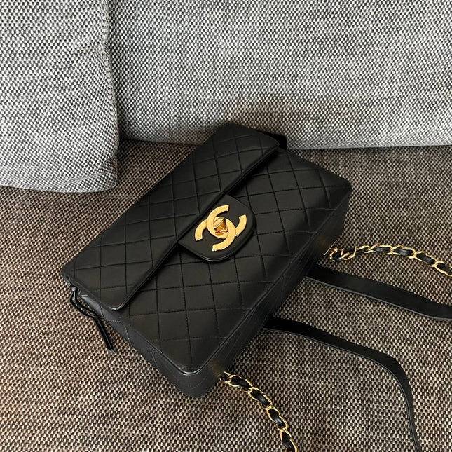 CHANEL 26S QUILTED FLAP BACKPACK 28 IN BLACK LAMBSKIN GOLD HARDWARE